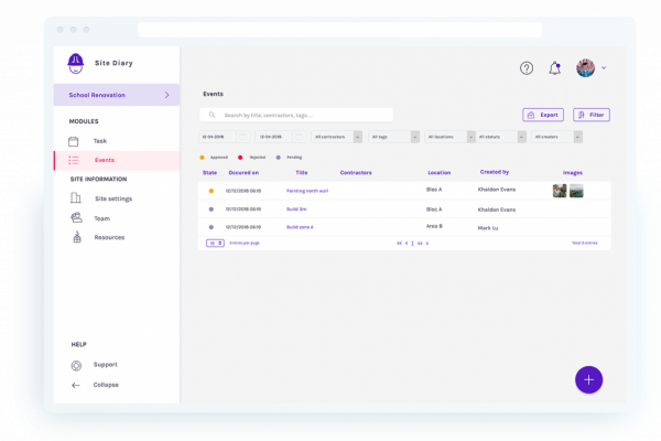 site diary event list Site Diary