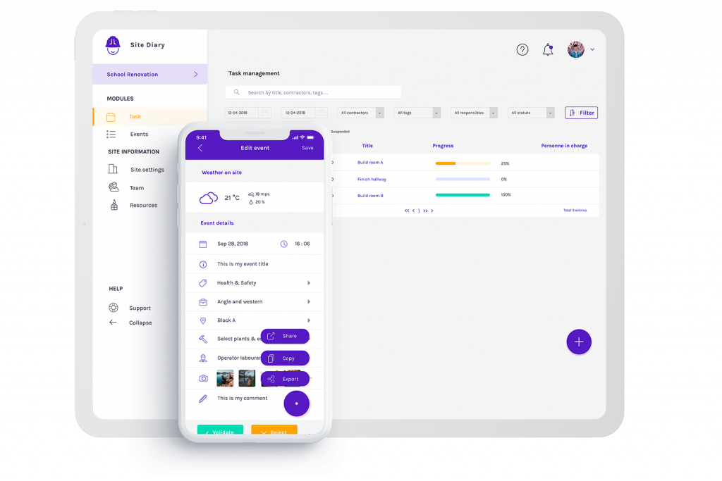 Tablette event list Site Diary